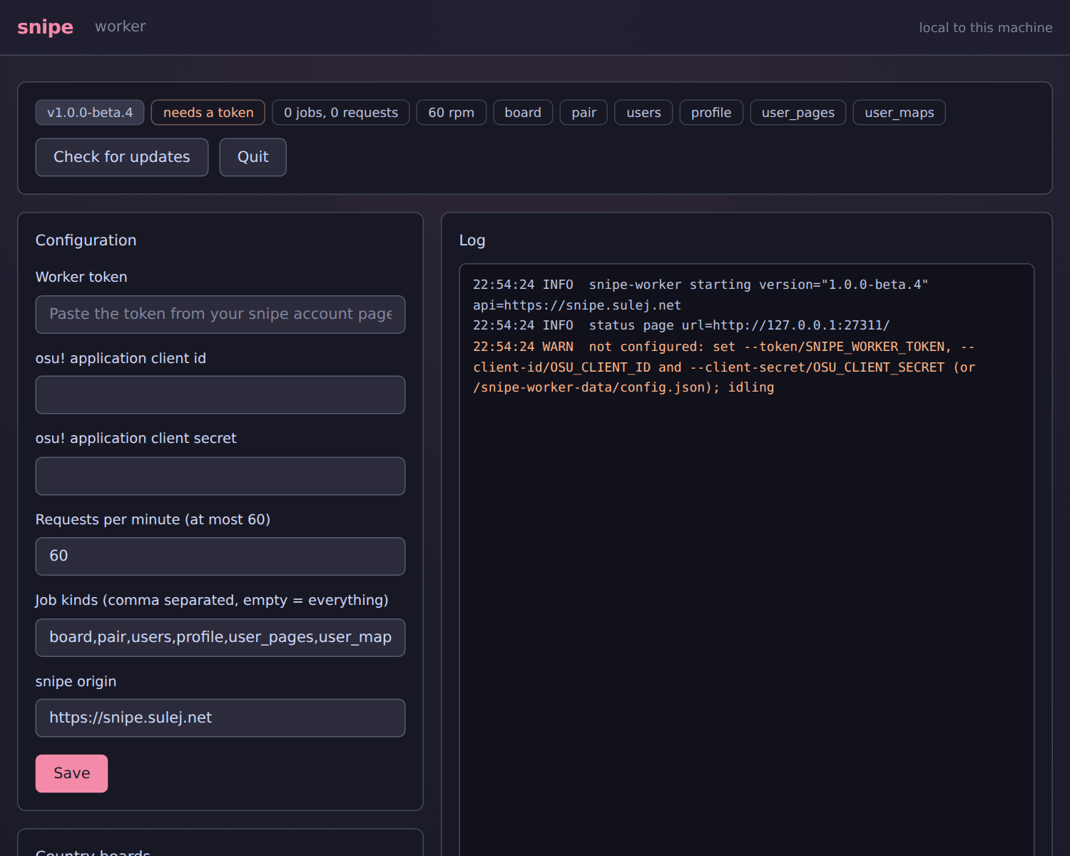 Worker status page with the configuration form