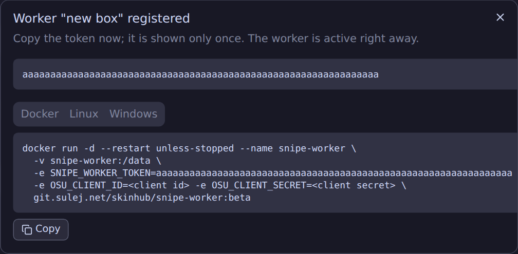 Dialog with the worker token and a copy button